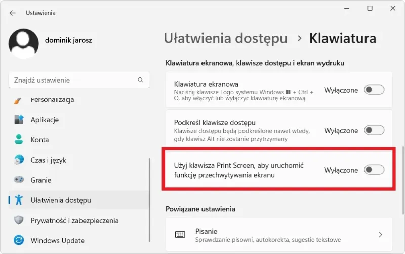 Ustawienia przycisku print screen